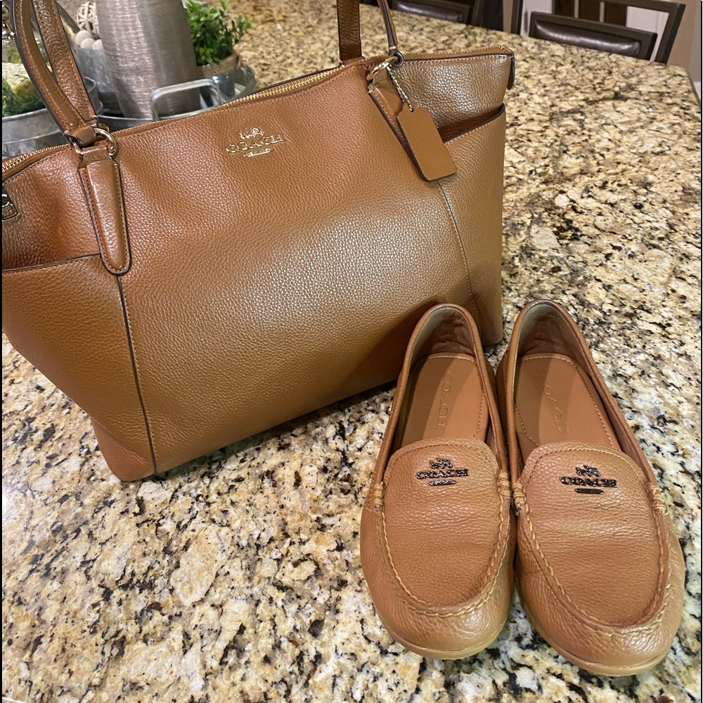 Coach leather shoulder bag with loafers